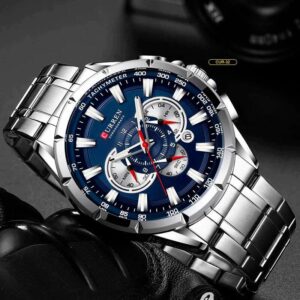Reloj CURREN 8363 con acero inoxidable plateado, esfera azul y cronógrafo funcional. Elegante, preciso y resistente.